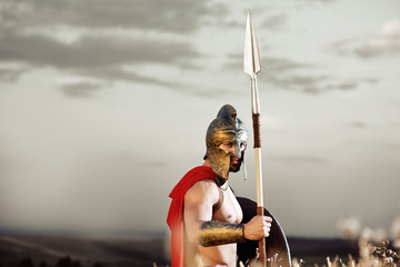 Strong Spartan warrior in battle dress with a shield and a spear