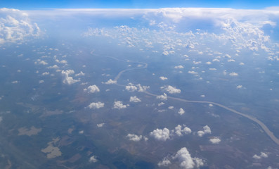 Donau river with clouds in Hungary, aerial view