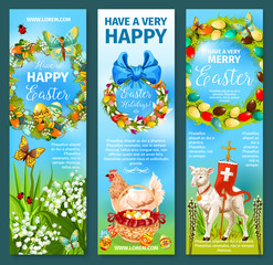 Happy Easter greetings banner template. Egg hunt grass meadow with decorated eggs, chicken, basket, Easter wreath of spring flowers with ribbon bow, lamb of God, cross and butterfly for festive design