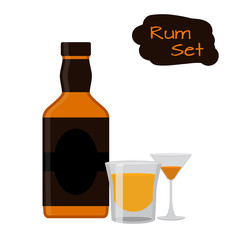 Flat rum set. Alcohol drink, glasses, shots, bottles of rum.