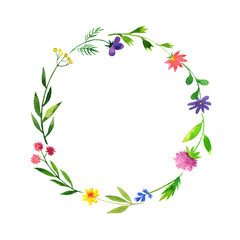 round frame with watercolor doodle plants and flowers