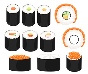 Sushi roll collection Colorful sushi set of different types chopsticks and bowls