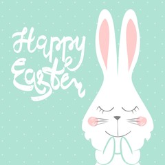 Happy Easter greeting card with bunny. Hand drawn lettering.