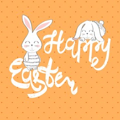 Happy Easter greeting card with bunny. Hand drawn lettering.