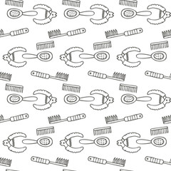 Doodle grooming salon equipment set, dog haircut tools icons. Doggy groomer collection, nail clipper, cutter, Slicker and brush, comb and dematters seamless pattern