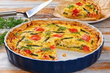 french quiche with Salmon, green bean, close-up
