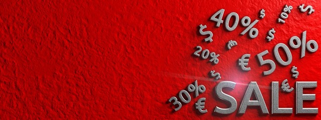 Sale banner with sign of dollar and euro. Conceptual graphic illustration. Advertising. 3d rendering