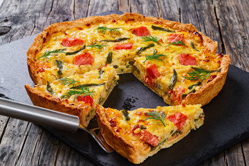 french quiche with Salmon, green bean, close-up