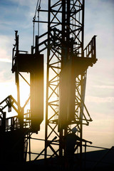 Construction worker, crane and building at sunset