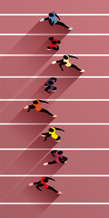 Vector Illustration Of Racing Athletes On Athletic Race Track