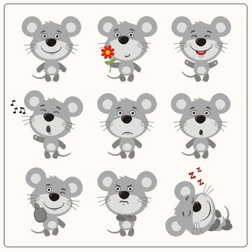 Funny little mouse set in different poses. Collection isolated mouse in cartoon style.