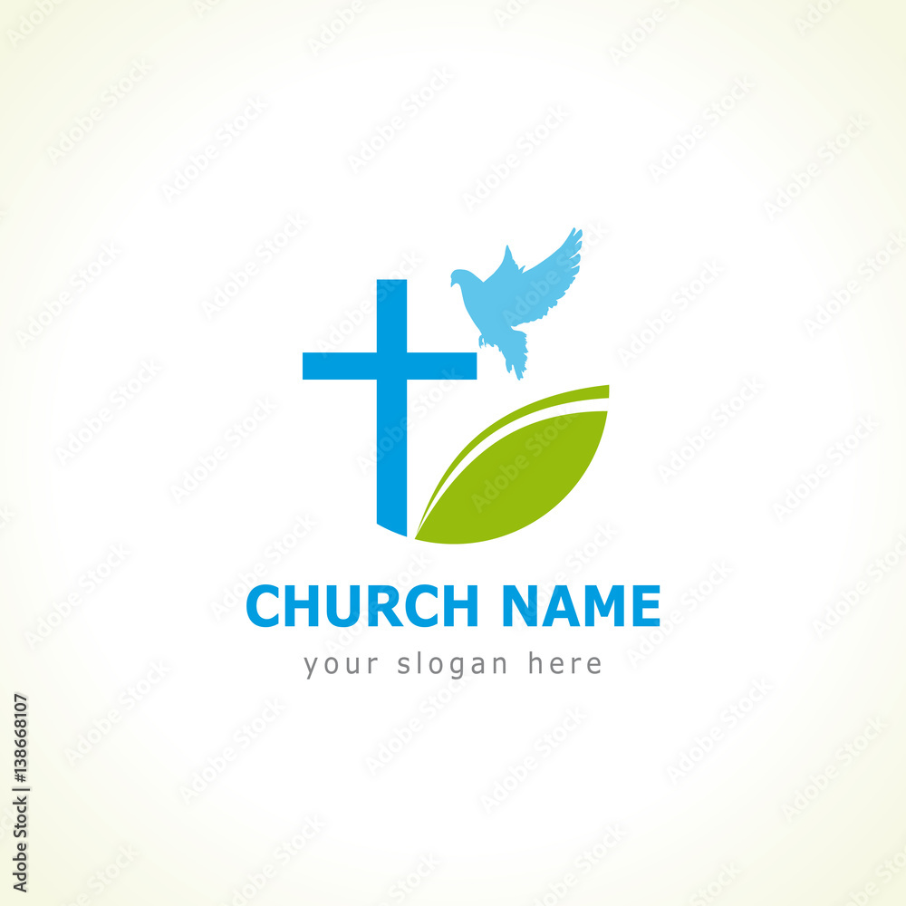 Wall mural christian church vector logo. blue crucifix, flying dove, green leaves. religious educational sign, 