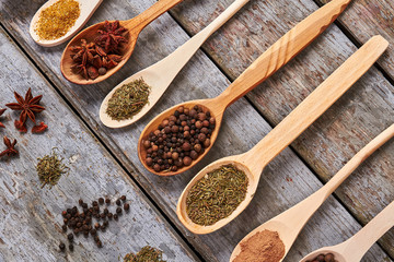 Indian spices selection on old wooden table.