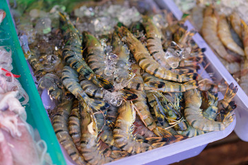 Seafood. Close up of raw shrimps on the market.