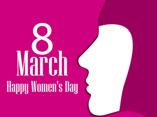 Happy Women's Day greeting card. 8 March. Female face with the text of congratulations. Holiday card. Vector illustration