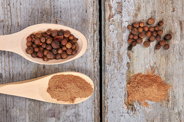 Fragrant pepper and ground cinnamon in a wooden spoons.