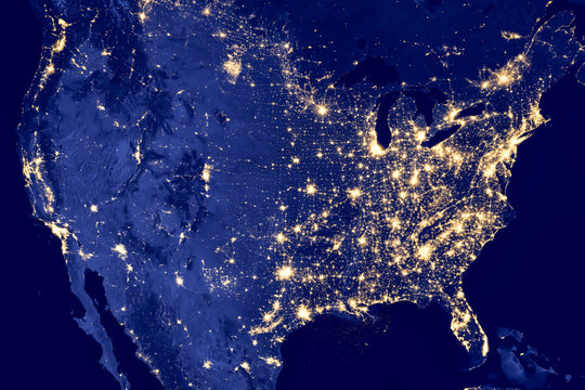 America at night, city electric lights, earth aerial view from space in the US - Elements of this image are furnished by NASA
