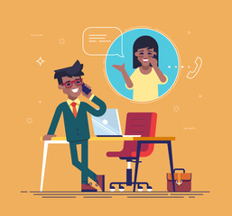 Confident african american businessman standing cross-legged, leaning on a table and talking on the phone with a woman.  Business contact concept. Vector.