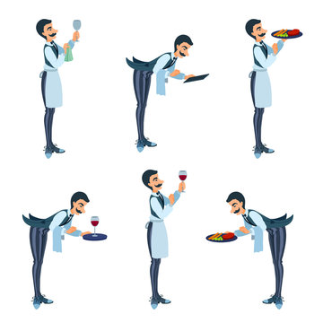 Elegant butler bows, waiter delivers food, plate, wine, menu, wipes a glass. Cartoon isolated vector illustration set.