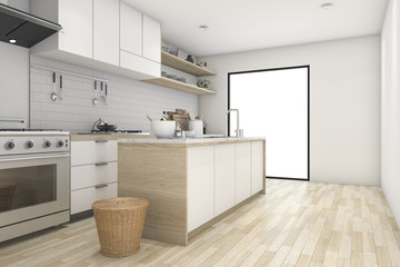 3d rendering white minimal kitchen with contemporary wood