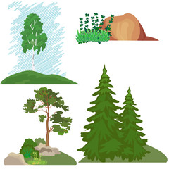 Fototapeta premium Landscapes with trees, grass, stone. Forest landscape, set of elements for illustrations