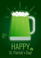 St. Patrick's Day greeting card with green beer on dark background with shamrock.