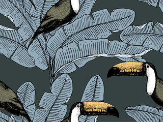 motif tropical vintage seamles avec des feuilles, dessinés à la main ou enrgaved. feuilles et plantes à l& 39 aspect vintage