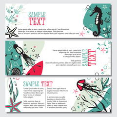 Set of 3 banners sea life and underwater theme, modern design layout, graphic elements sea animals jellyfish, starfish, seahorse and shells and plants isolated vector.