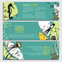 Set of 3 banners sea life and underwater theme, modern design layout, graphic elements sea animals jellyfish, starfish, seahorse and shells and plants isolated vector. © onkachura