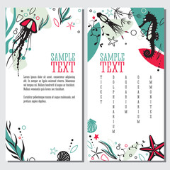 Set of banners sea life and underwater theme, modern design layout, graphic elements sea animals jellyfish, starfish, seahorse and shells and plants isolated vector.
