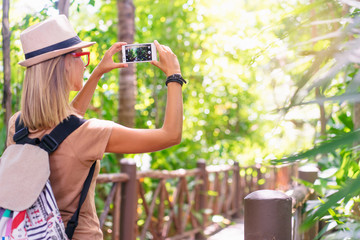 Naklejka premium Travelling concept. Photographing adventure. Young woman taking picture on her smartphone in jungle.