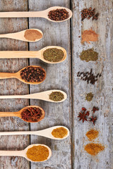 Various colorful spices on wooden boards.