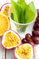 fruit and vegetables for smoothies close up on a white table.