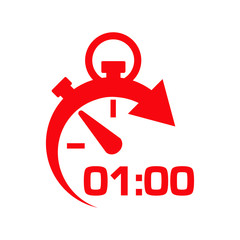 Icono plano cronometro con 01:00 rojo en fondo blanco