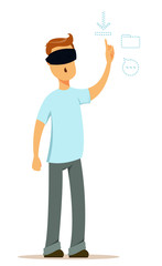 Man in virtual reality glasses working on startup idea. Modern young man, designer or programmer. Character. Cute flat style. Design element.