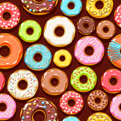 Fototapeta premium Colorful donuts icons background. Sweet bakery vector.