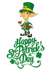 Happy St. Patrick's Day lettering design vector illustration with Leprechaun. Perfect for advertising, poster, announcement, invitation, party, greeting card, bar, restaurant, menu