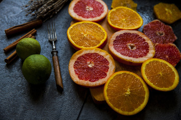 bright slices oranges on the table