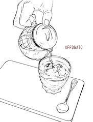 Affogato Coffee, Hand drawn sketch line art, illustration Vector.
