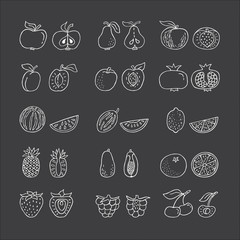 Fruit hand drawn icon set on black background