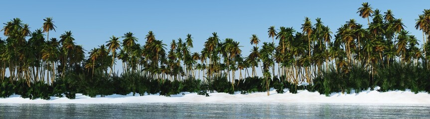 Fototapeta na wymiar View of palm trees over the water, tropical beach, 3d rendering 