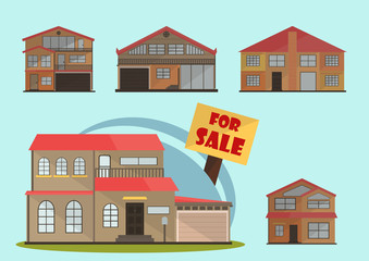 vector illustration of cute cartoon colorful houses for sale or rent. vector flat buildings illustration