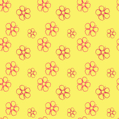 Seamless pattern with pink flowers on yellow background. Vector illustration, sketch. 