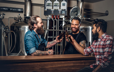 Stylish three men drinking craft beer in the microbrewery.