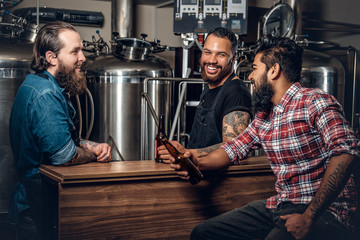Stylish three men drinking craft beer in the microbrewery.
