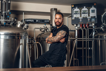 Black man manufacturer presenting craft beer in the microbrewery.