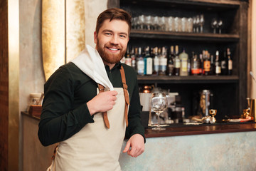 Handsome young man bartender standing in cafe.