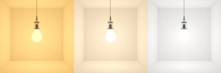  3d image which displays the color temperature difference of various lights. cold, neutral and warm shades comparisons.