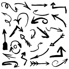 Set with different black watercolor arrows. Hand drawn illustration, vector elements 