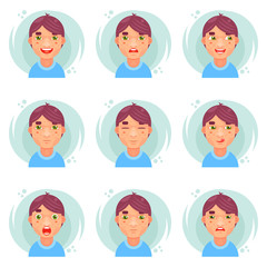 Funny emotions cute boy avatar icons set flat design vector illustration